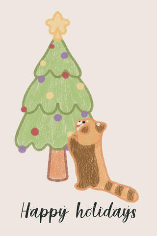 Red panda hanging up christmas balls in a christmas tree